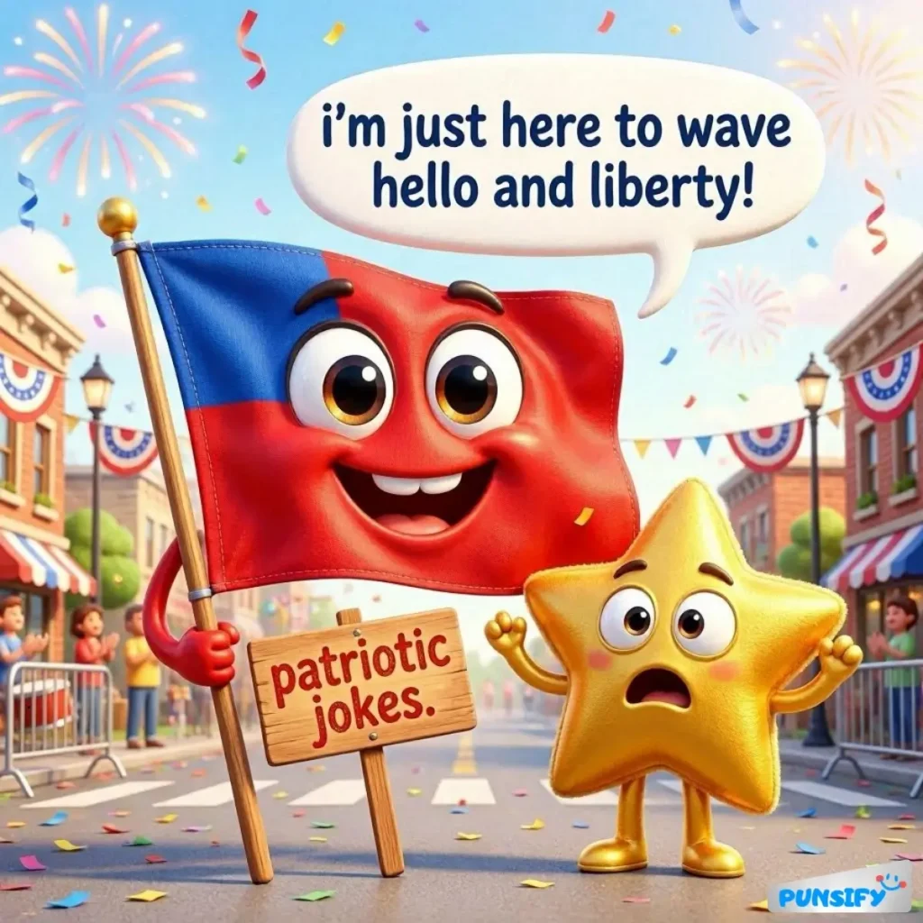 A flag character and a surprised star character at a festive event with confetti.