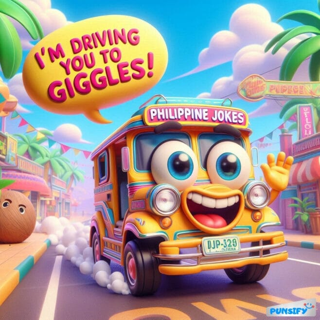 A cheerful jeepney with a big smile drives through a vibrant street, promoting Filipino humor.