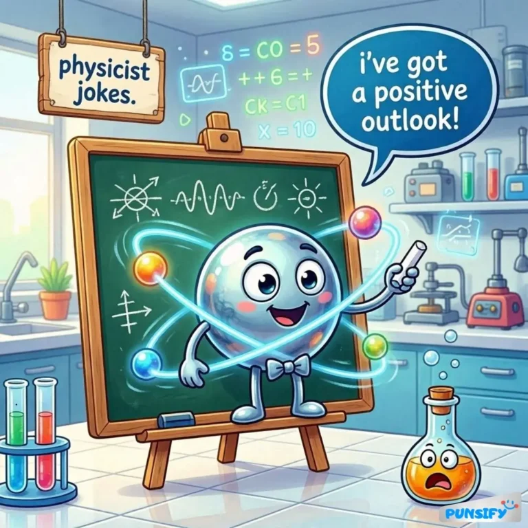 A smiling atom with a bow tie shares a pun about positivity in a lab setting.