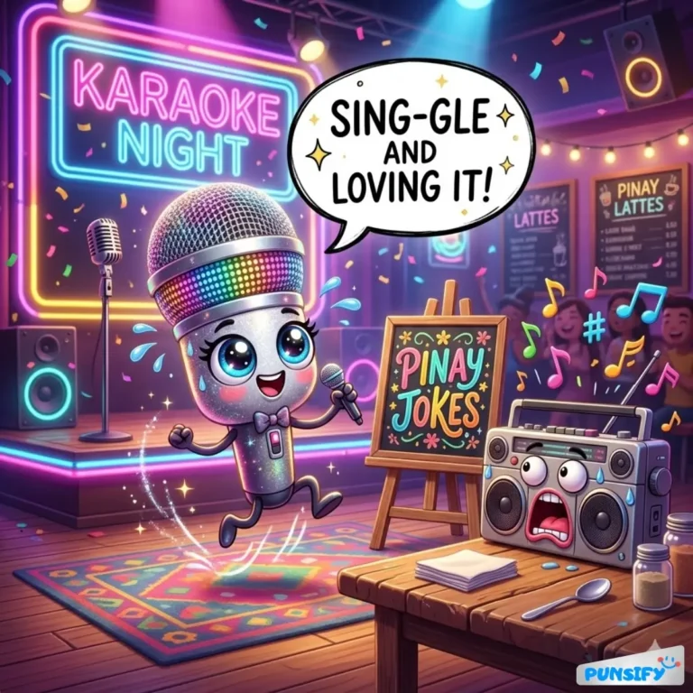 A lively karaoke night scene with a dancing microphone character.