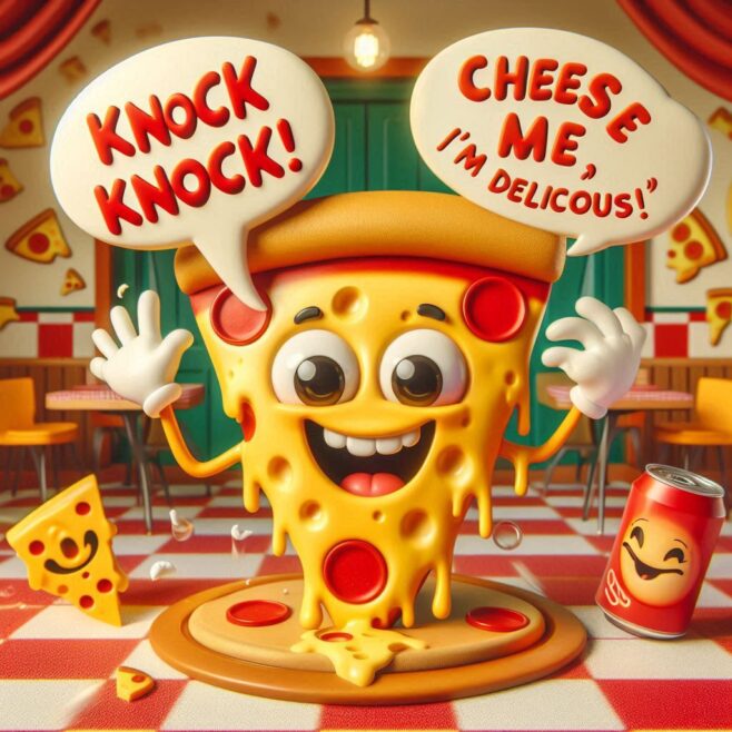 A smiling slice of pizza with a big grin and dripping cheese, saying 'Knock Knock!' and 'Cheese me, I'm delicious!'