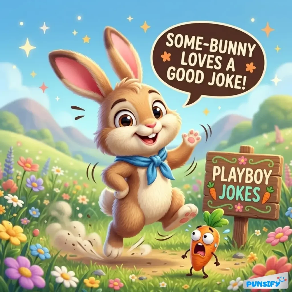 A cheerful rabbit with a blue scarf waves beside a carrot sign.