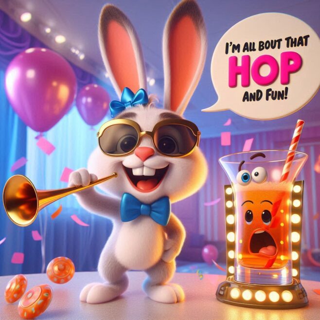 Cheerful rabbit in sunglasses with a trumpet, next to a surprised drink.