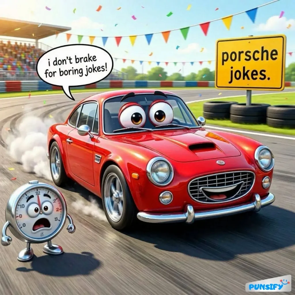 A lively red car with big eyes racing, a worried clock beside it; humorous racing scene.