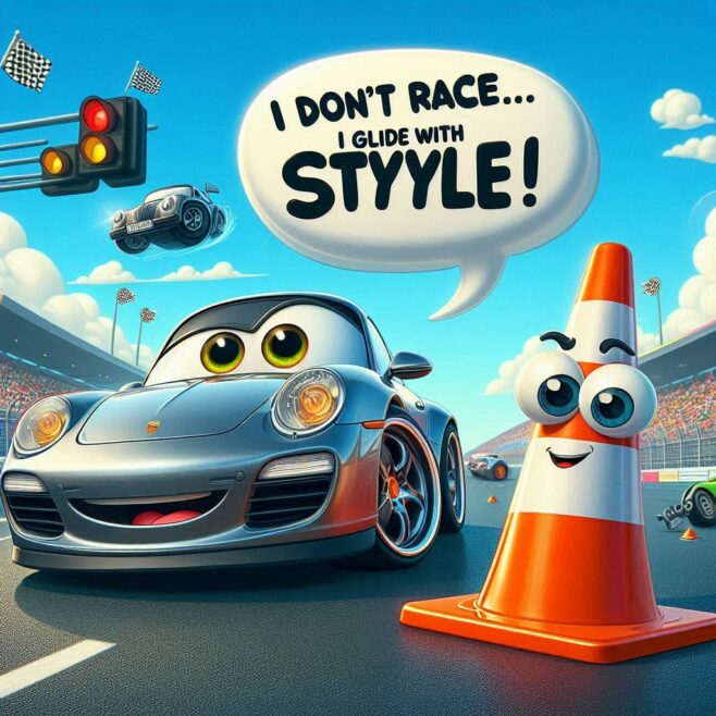 A sleek silver car with big eyes grins next to a cheerful traffic cone, saying, "I don't race... I glide with style!"