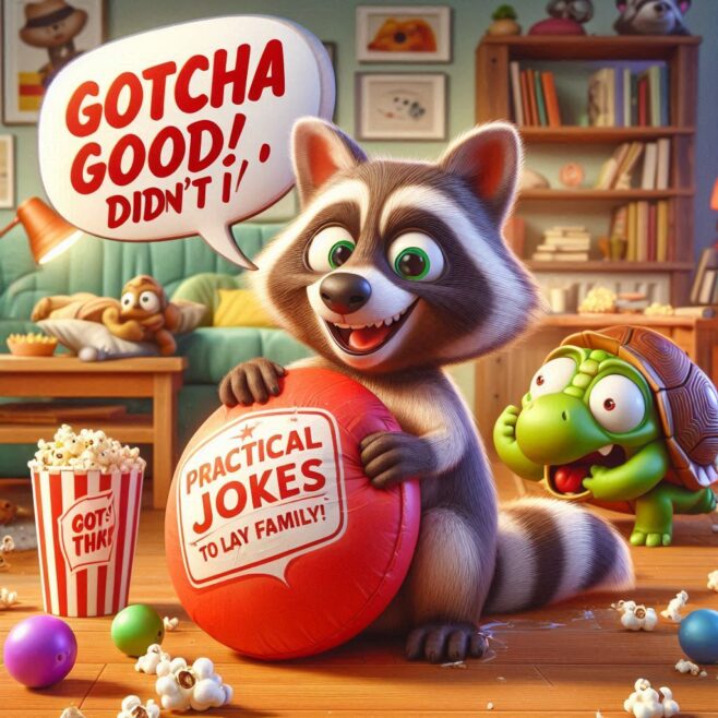 Raccoon holding a joke ball with a turtle and popcorn in a cozy living room.