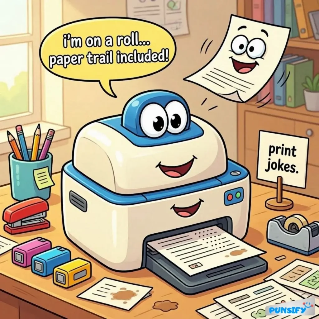 A printer with a happy face printing jokes on paper.