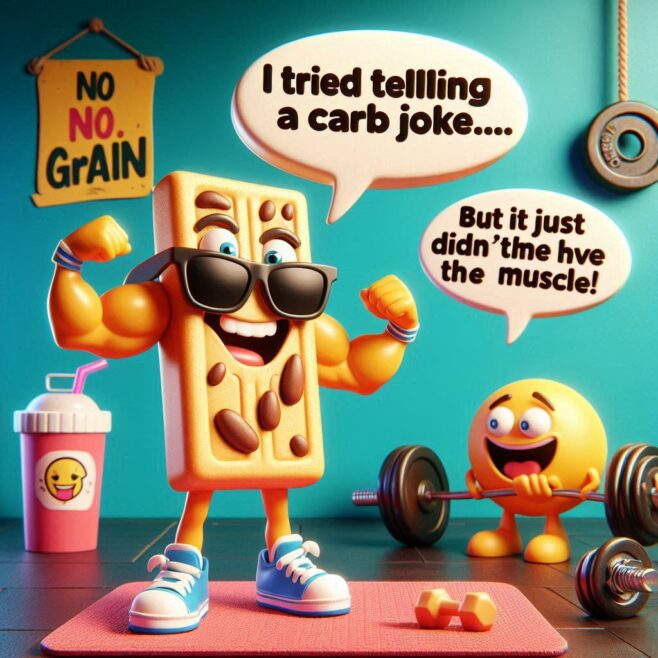 A strong, smiling snack bar with sunglasses flexing its muscles, next to a happy emoji.