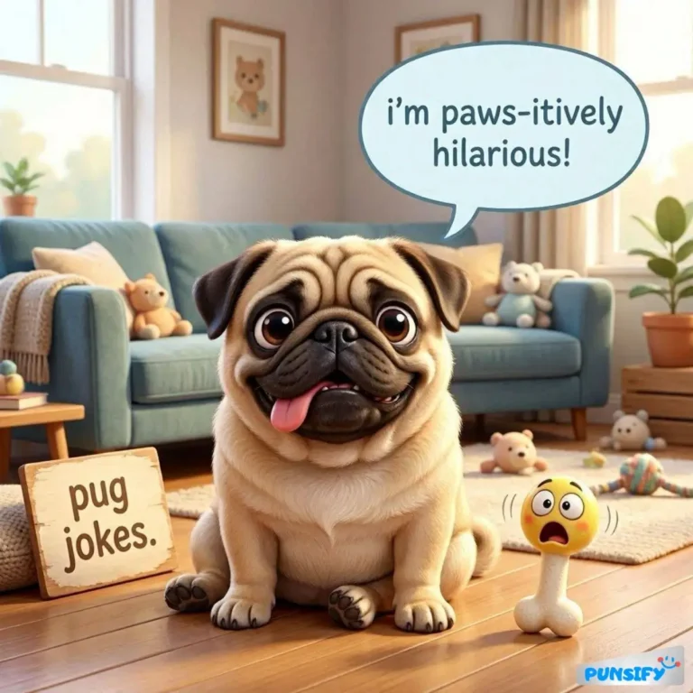 Pug with a funny expression, saying 'I'm paws-itively hilarious!' beside a bone toy.