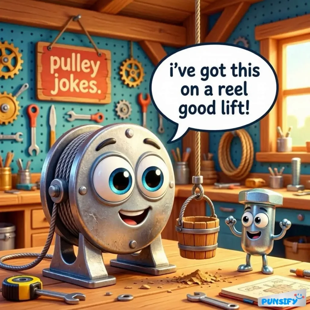 A cheerful pulley and a small bolt sharing a pun in a workshop.