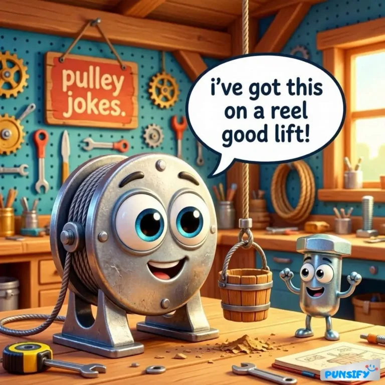 A cheerful pulley and a small bolt sharing a pun in a workshop.