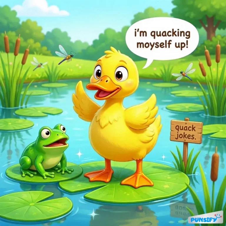 A cheerful duck and a surprised frog on lily pads in a pond with dragonflies.
