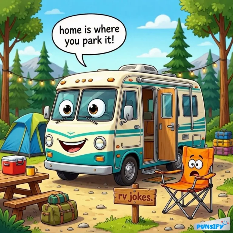 A cheerful camper van with a smiling face, surrounded by a tent and camping gear.