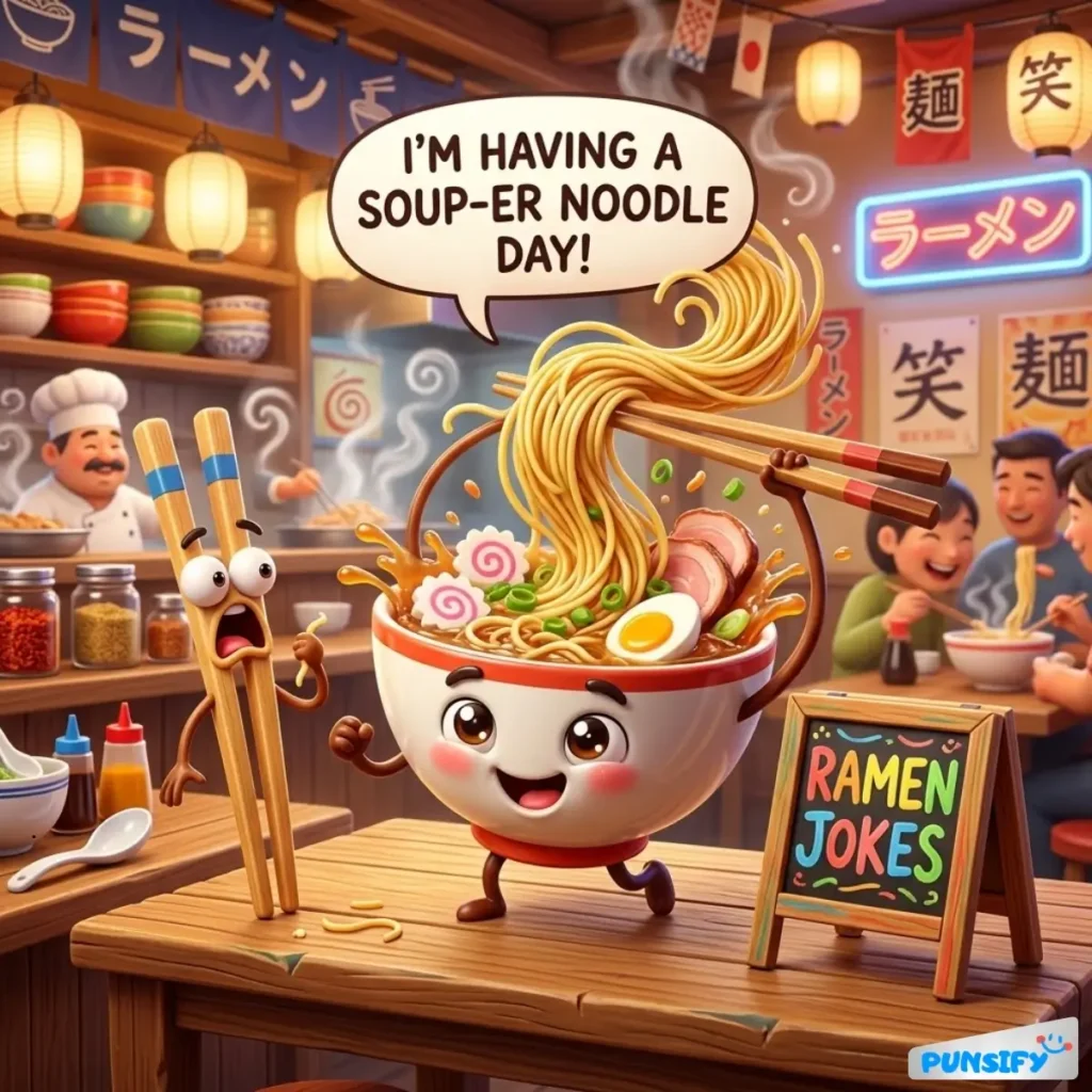 A cheerful bowl of noodles with expressive chopsticks, bursting with toppings in a noodle shop.