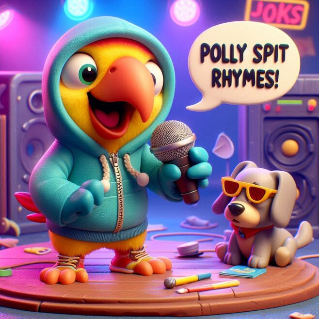Colorful parrot in hoodie rapping with microphone, dog wearing sunglasses nearby.