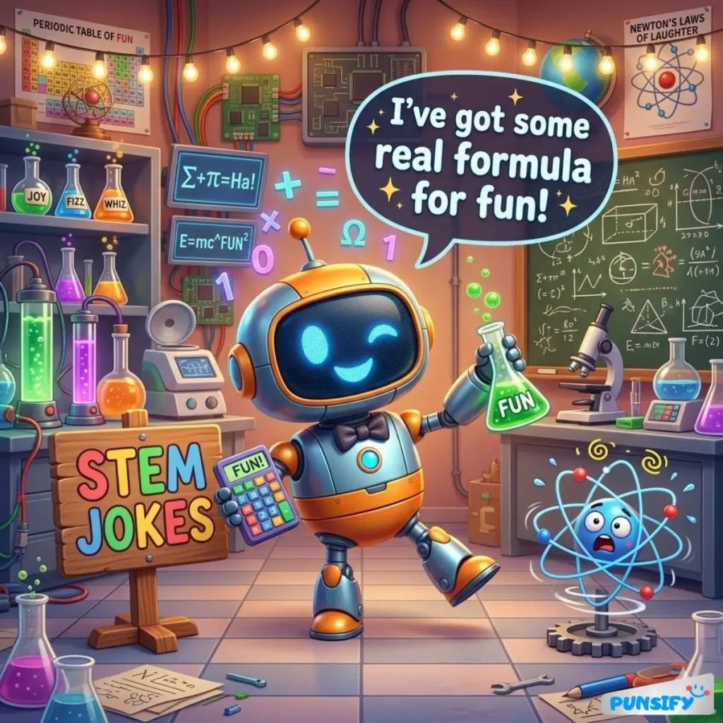 Robot in a lab holding beakers, sharing jokes with an atom character.