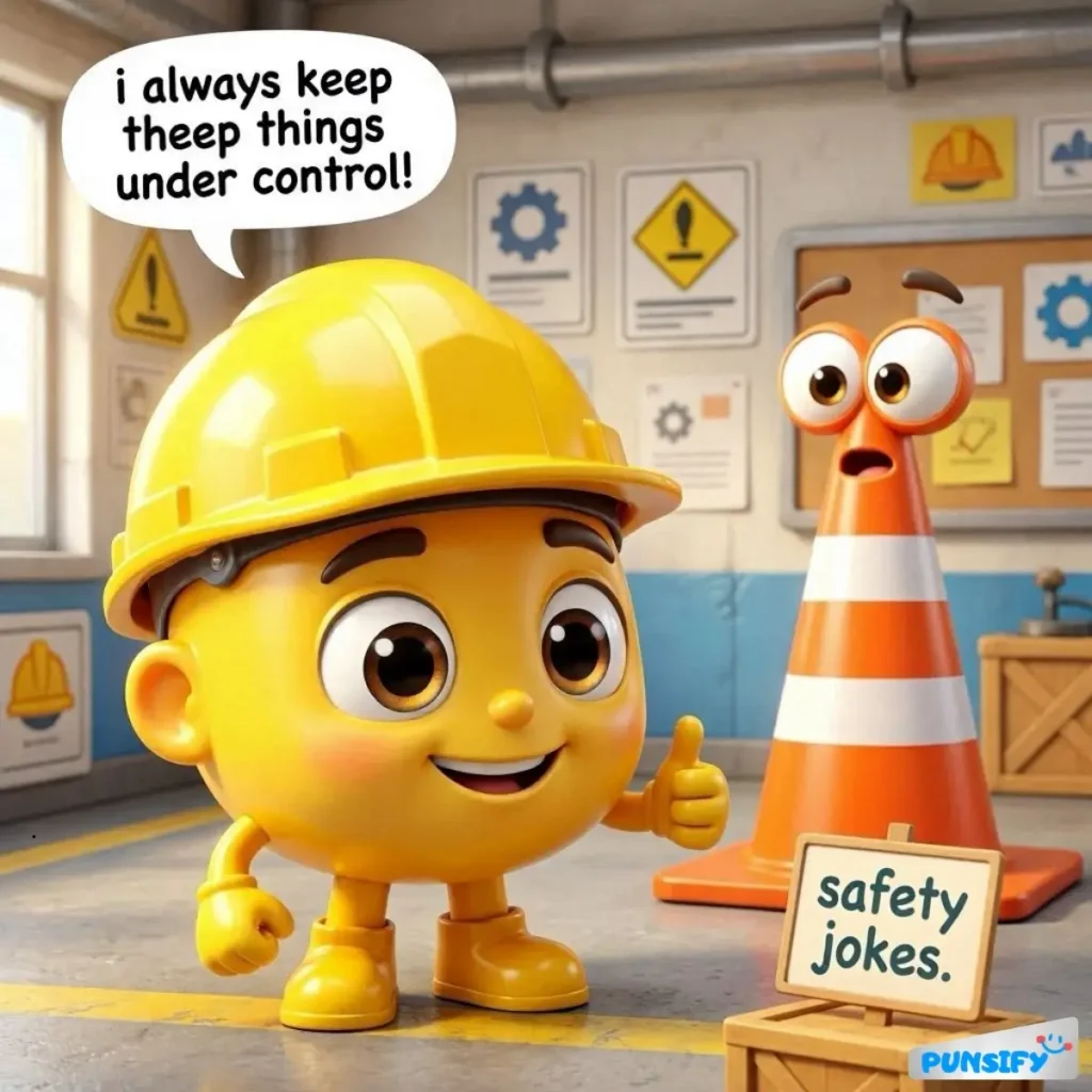 A cheerful character in a hard hat giving a thumbs up beside a surprised cone.