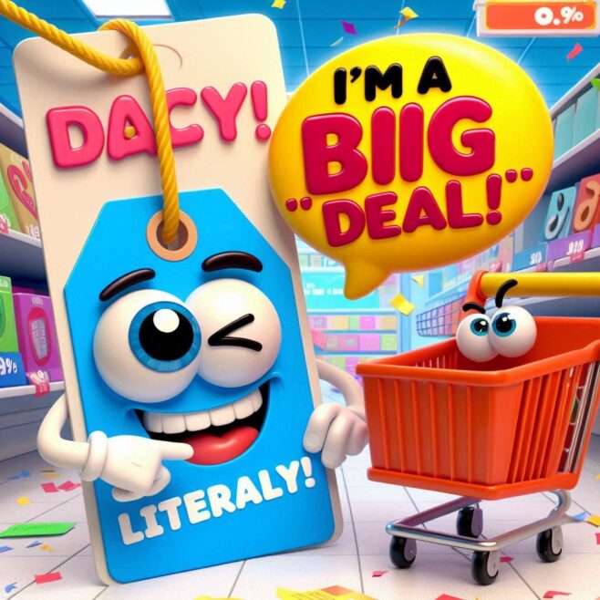 A playful tag with eyes and a wink, saying "I'M A BIG DEAL!" in a bright speech bubble.