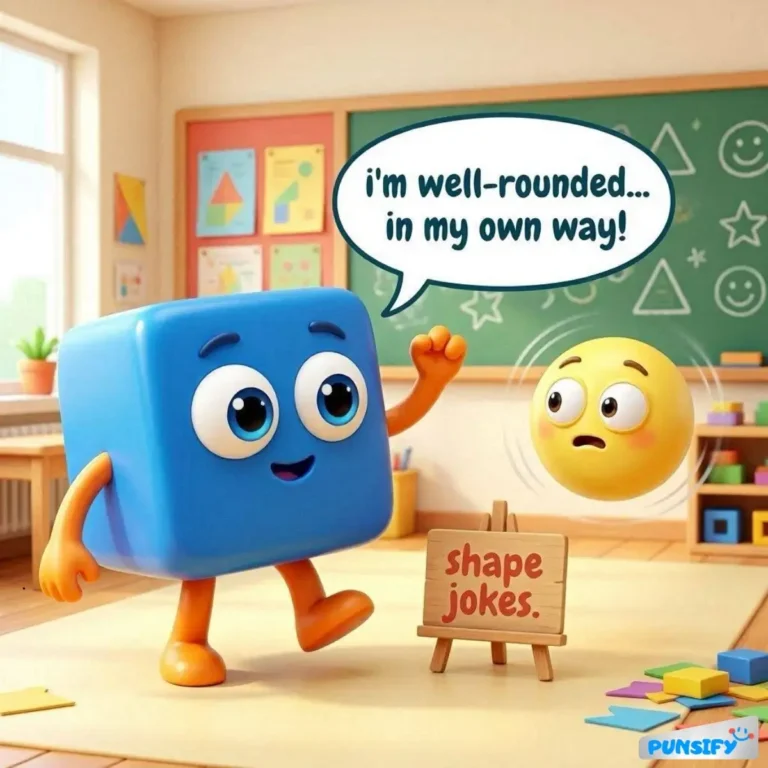 A friendly blue cube and a surprised yellow ball in a classroom, with a joke sign.