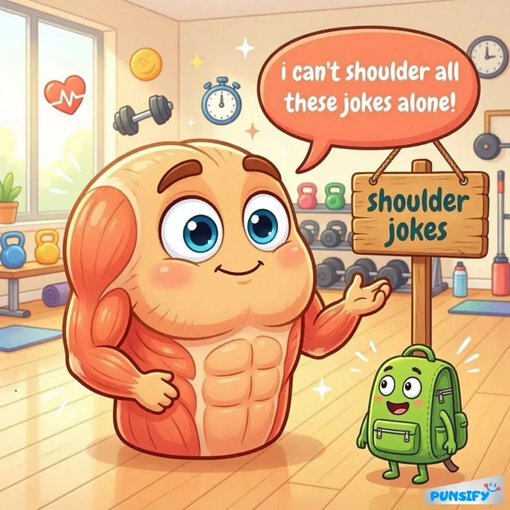 Muscle character humorously poses beside a backpack, promoting shoulder jokes.