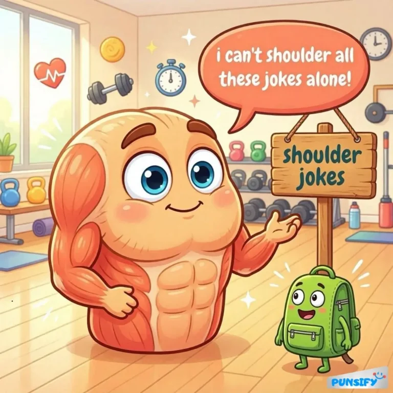 Muscle character humorously poses beside a backpack, promoting shoulder jokes.