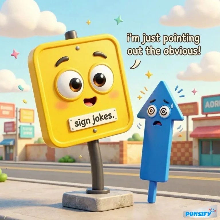 A cheerful sign with eyes saying 'sign jokes.' next to a worried blue arrow character. Funny scene!