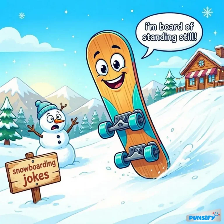 A cheerful snowboard with a face, leaping in snow beside a surprised snowman.