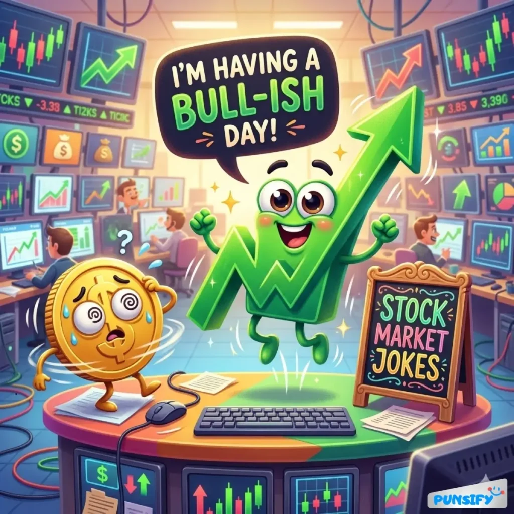 A lively green arrow character celebrates with a coin character looking confused in a stock market setting.