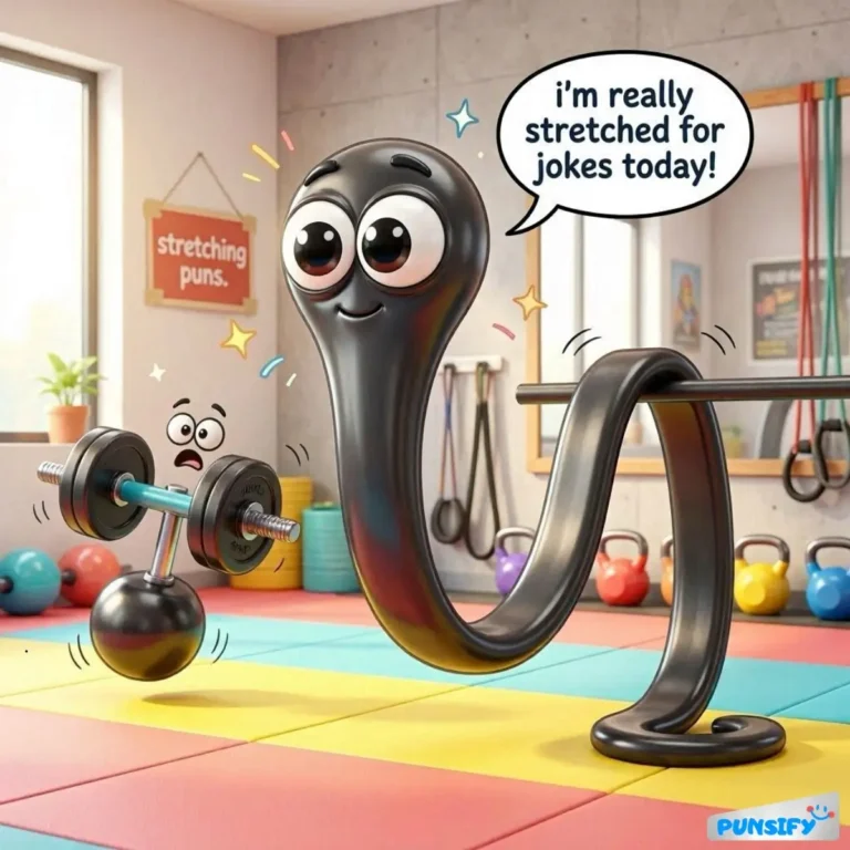 A whimsical character stretching while another lifts weights, sharing a pun.