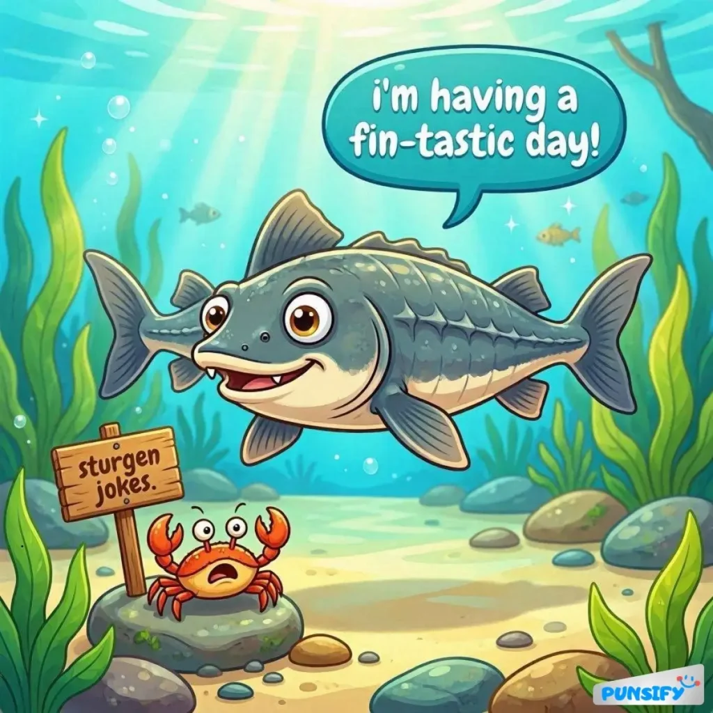 A fish with a big smile says, "I'm having a fin-tastic day!" while a surprised crab looks on.