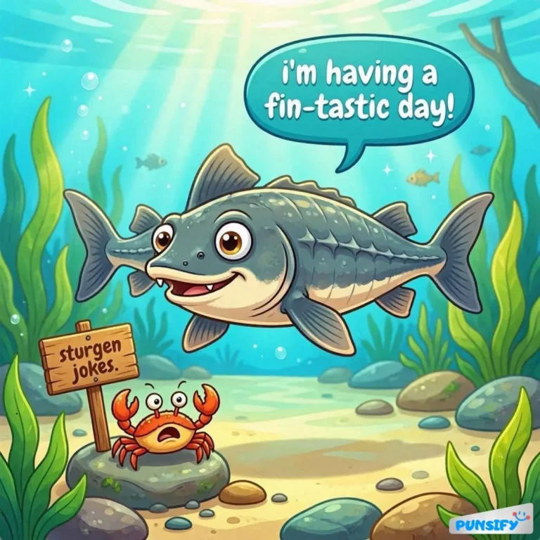 A fish with a big smile says, "I'm having a fin-tastic day!" while a surprised crab looks on.