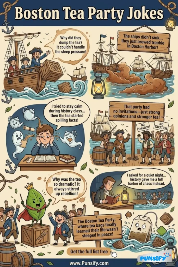 185+ Brew-tiful Boston Tea Party Jokes and Puns to Steep Your Sides in Laughter