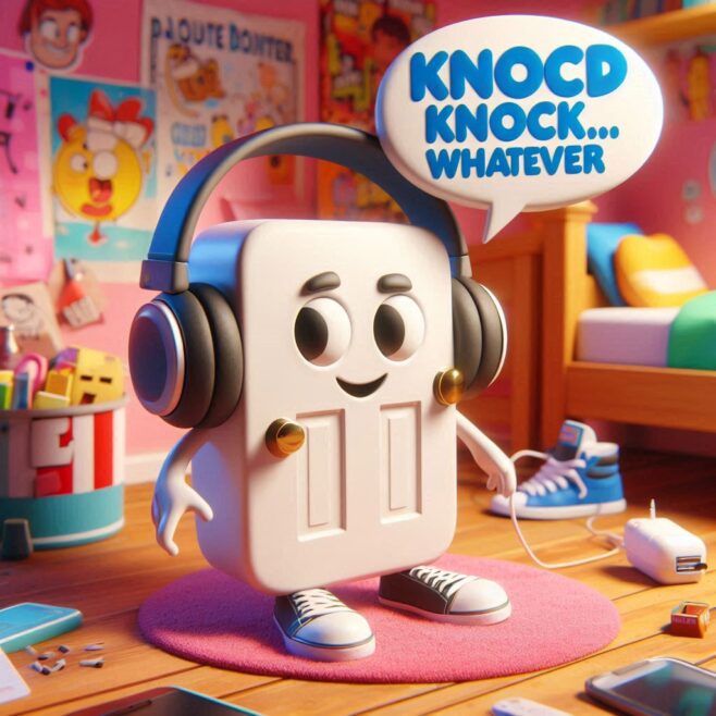 A playful plug character wearing headphones on a pink rug, smiling and exclaiming, "KNOCD KNOCK... WHATEVER"