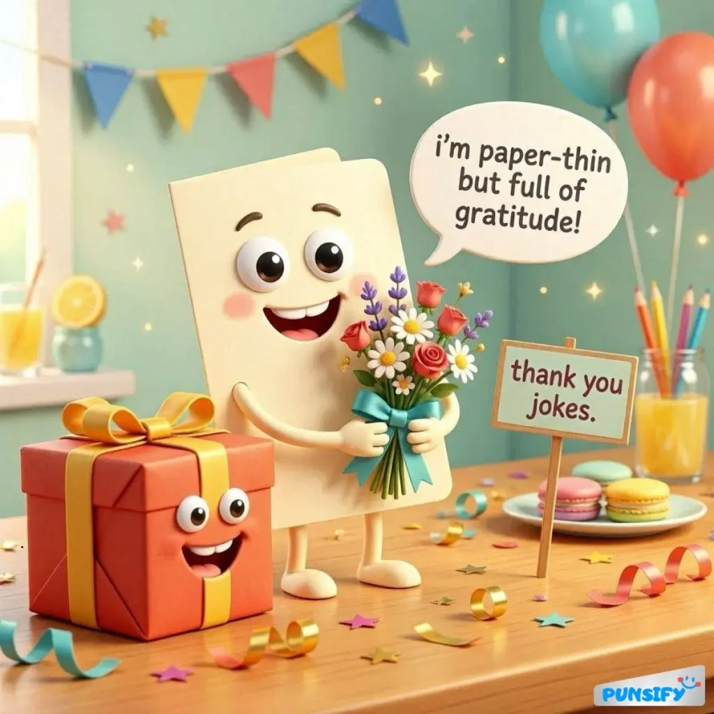 A happy paper-thin character holds flowers, thanking jokes. A gift box smiles beside them.