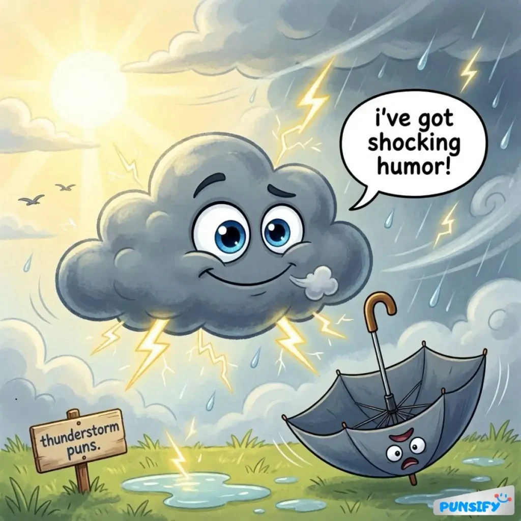 A cloud with a smile and big eyes, speaking a pun about humor.