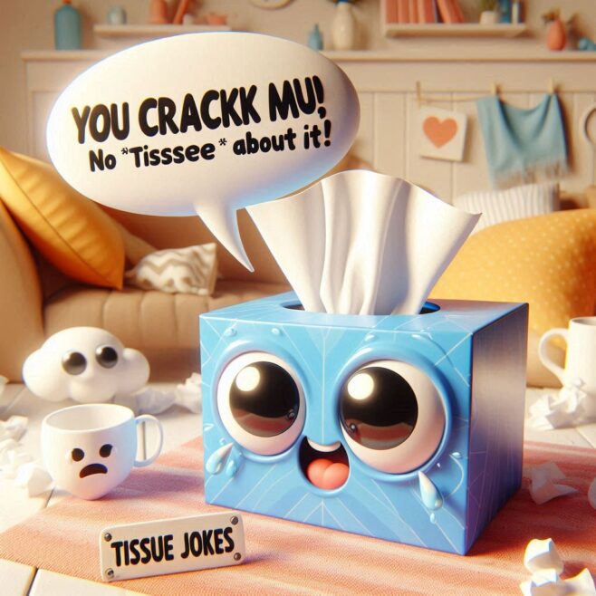 Tissue box with big eyes and a speech bubble saying, "YOU CRACKK MU! No 'Tisssee' about it!"