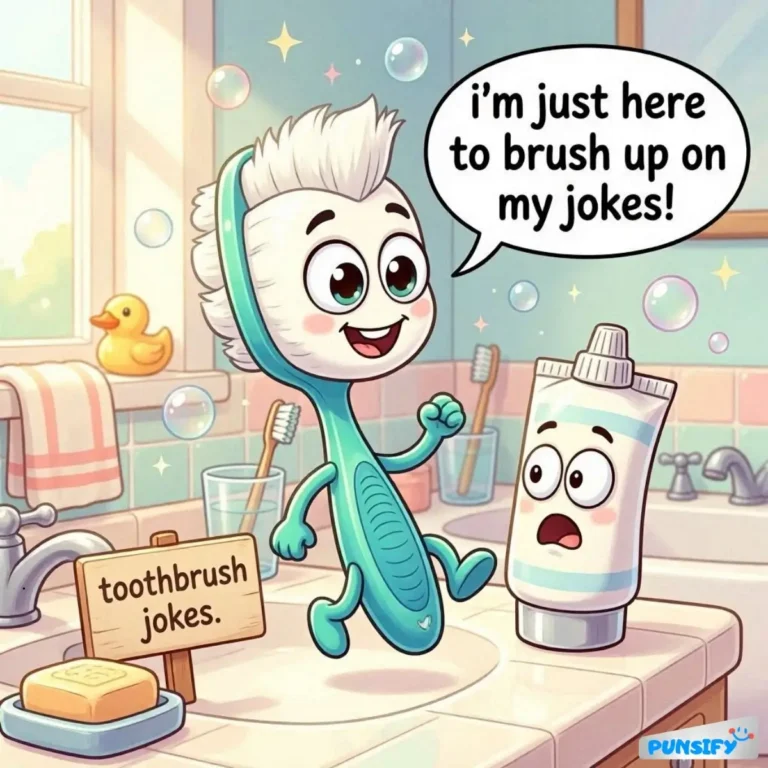 A playful toothbrush character sharing jokes in a bathroom with a tube of toothpaste.