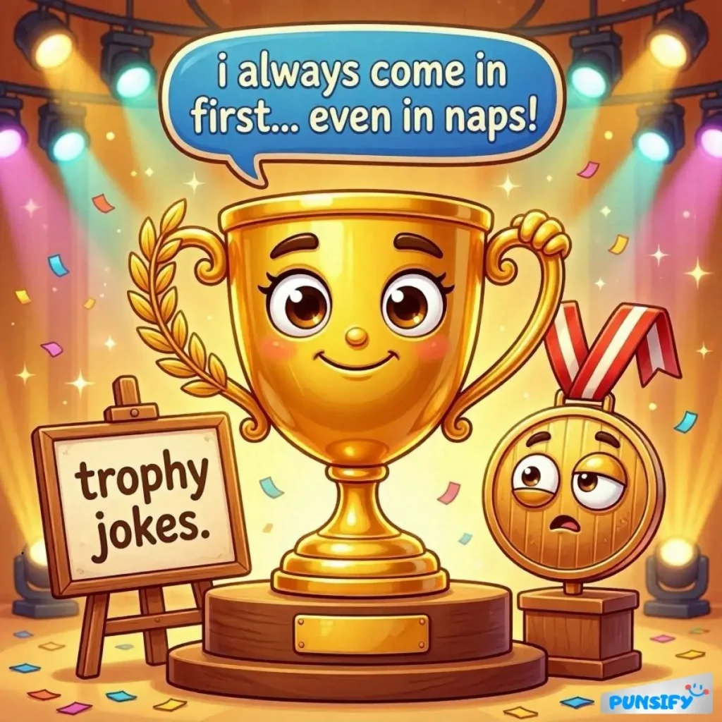 A shiny trophy grinning with a medal and a sign about jokes.