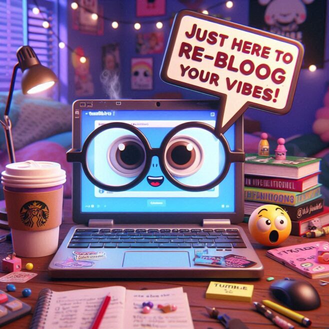 A laptop with cartoonish eyes and a speech bubble saying 'Just here to re-blog your vibes!'