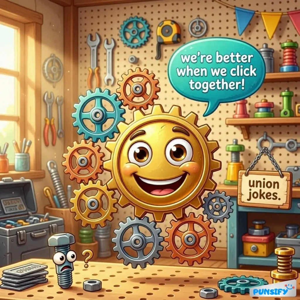 Smiling gear surrounded by cogs and a confused bolt in a workshop with tools.