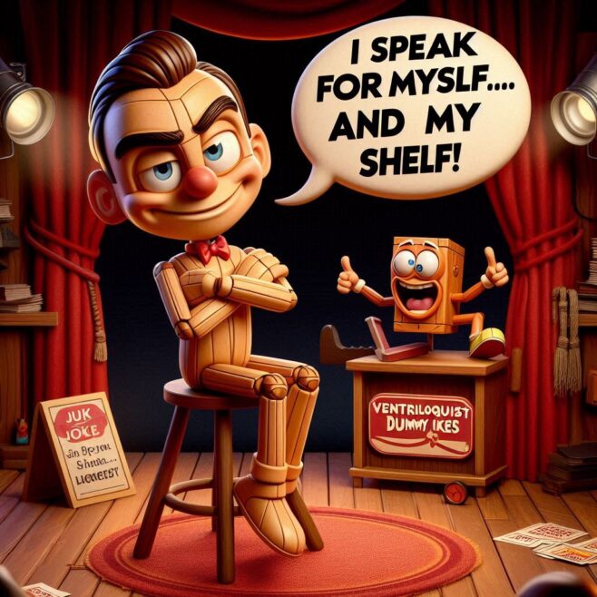Wooden puppet ventriloquist with a box character, stage setting with curtains and lights.