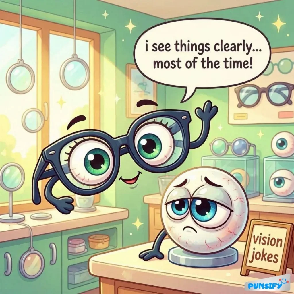 A pair of glasses and a sad eyeball in an optometry shop exchanging jokes about vision.