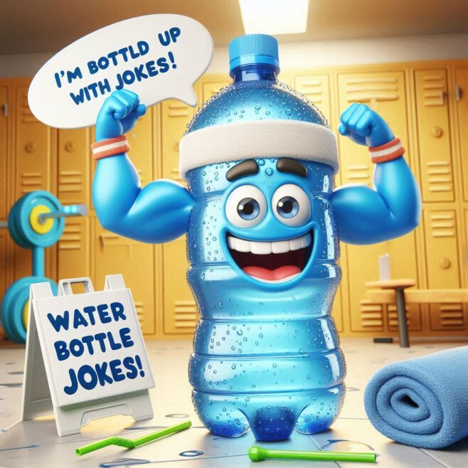 A muscular water bottle with a headband flexing, smiling in a locker room.