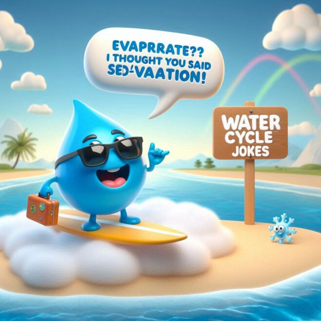 Cheerful blue droplet in sunglasses with a suitcase, surfing on a cloud.