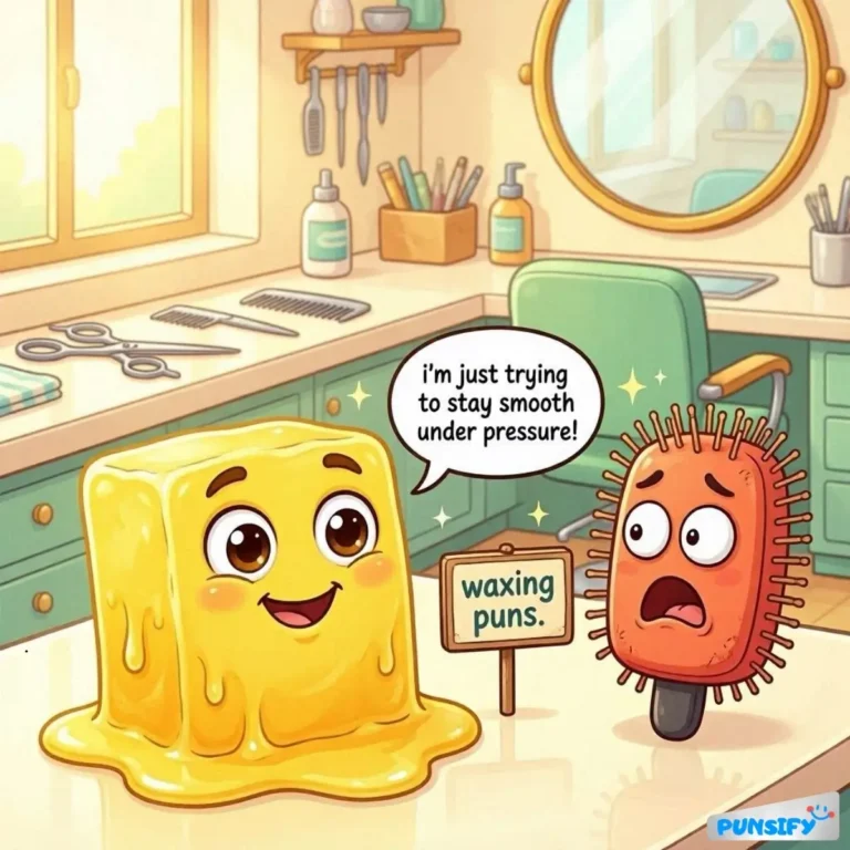 A gleeful blob of yellow wax and a surprised red hairbrush in a cozy salon.