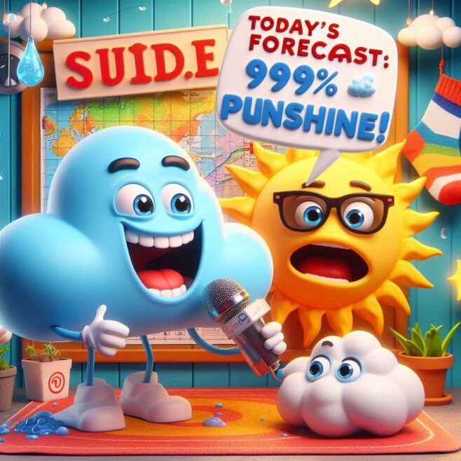 Happy cloud and sun reporting weather, cheerful atmosphere, playful characters