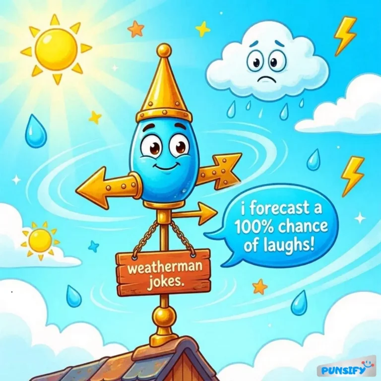 A cheerful weathervane with a blue droplet character, directing laughs in a sunny sky.