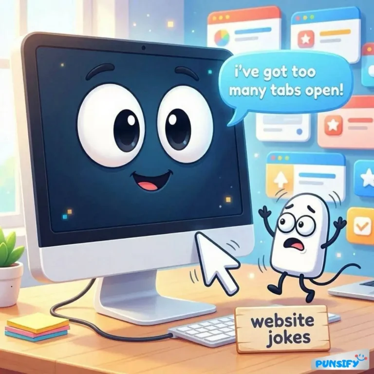 A computer screen with a smiling face, overwhelmed by open tabs, and a startled white mouse.