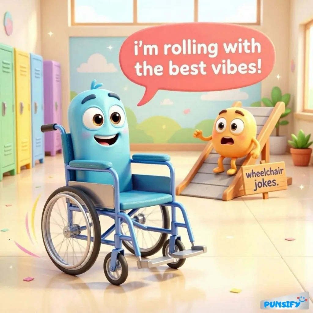 Blue character in a wheelchair with a yellow character looking surprised, both in a colorful space.