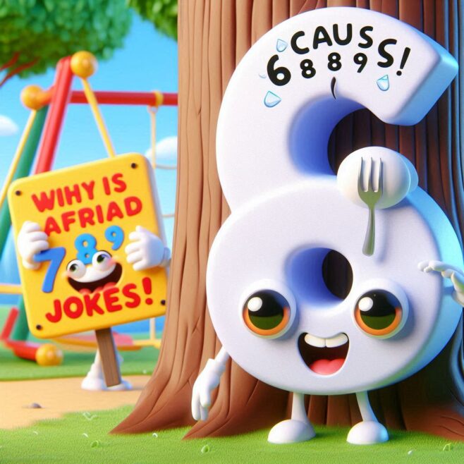 Playful number 6 with a fork, sweating, behind a tree; sign shows a joke.